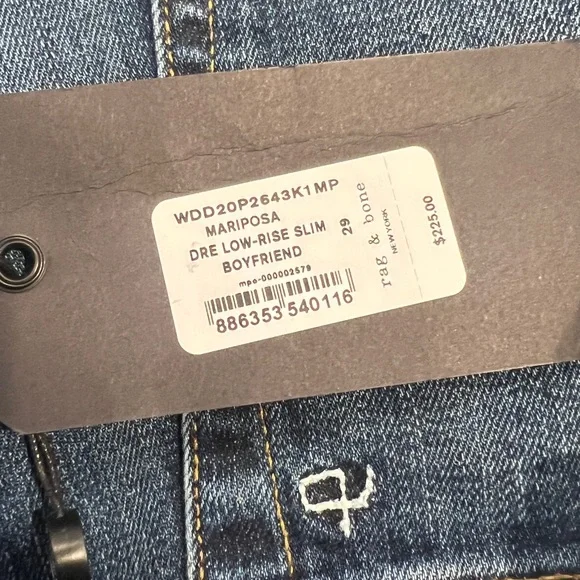 RAG & BONE Women’s Dre Low Rise Slim Boyfriend Jeans in Mariposa Size 29 NEW